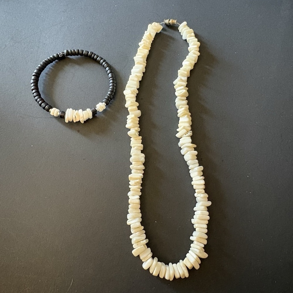 Vintage Puca Shell Chip Necklace Bracelet Set White Black Wood Bead Boho Y2K